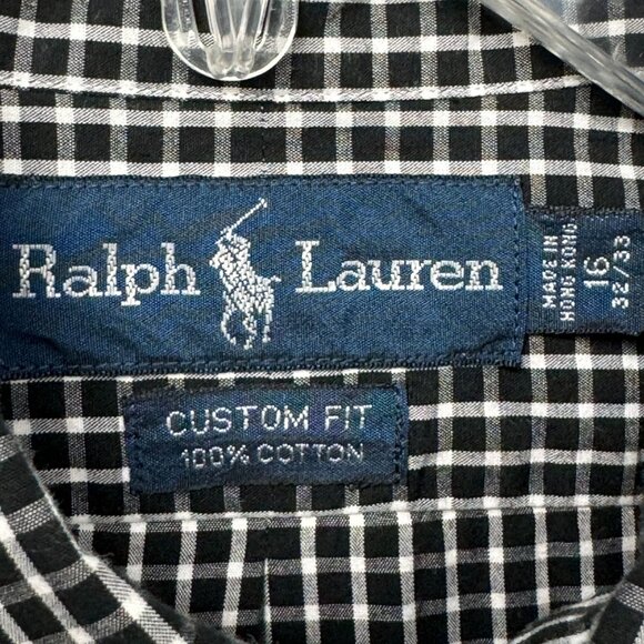 Ralph Lauren Black & White Gingham Plaid Custom Fit Button-Down Shirt 16 32/33 - Picture 5 of 9